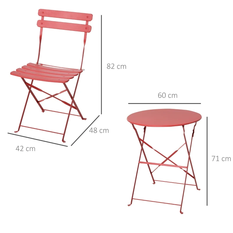 Outsunny Conjunto Muebles Plegables de Jardín de 3 piezas Mesa y 2 Sillas de Metal para Balcón Terraza Exteriores Ø60x71 cm Rojo