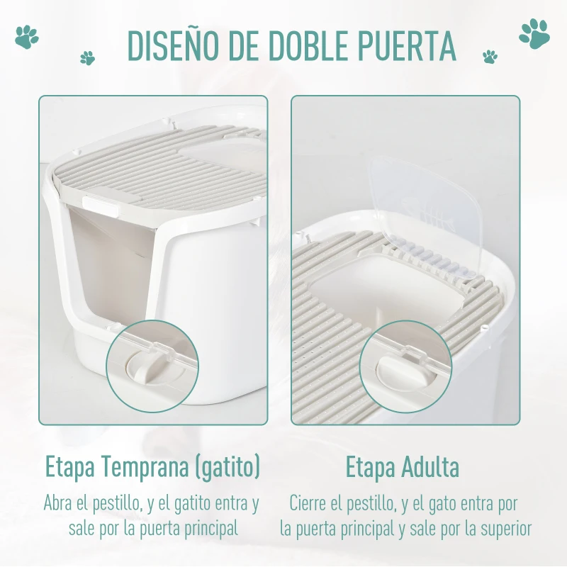 PawHut Caja de Arena para Gatos con Diseño de Doble Puerta Arenero Caja Desodorizante de Carbón Activado Pala Equipada Amplio Espacio 55,5x44,5x38,3 cm Blanco
