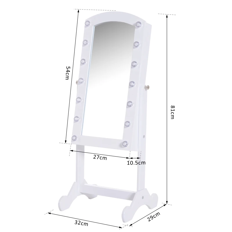 HOMCOM Espejo de Maquillaje con Joyero de Pie Armario para Joyas 14 Luces LED Reclinable Guardajoyas Sobremesa Anillos Pendientes Collares Cerradura Madera 32x29x81cm Blanco