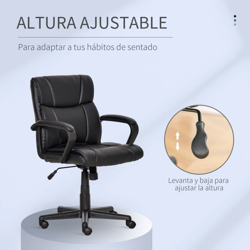 Vinsetto Silla de Oficina Ergonómica Silla de Escritorio Giratoria con Altura Ajustable Asiento Reposabrazos y Respaldo Acolchados de Piel Sintética 61x69x90-100 cm Negro