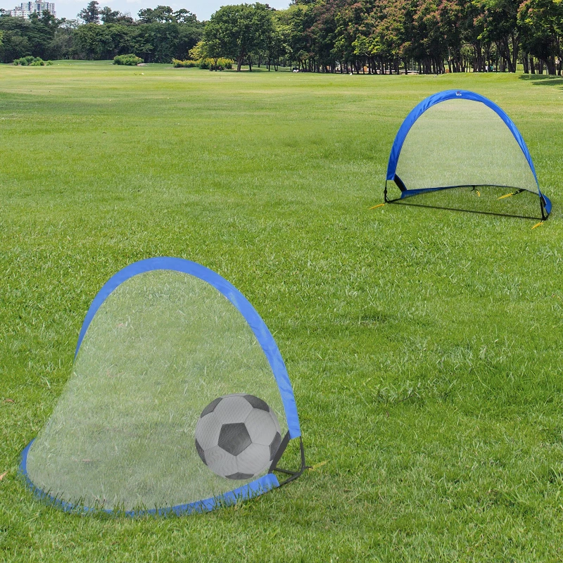 HOMCOM Set de 2 Porterías de Fútbol Diseño POP-UP Redes de Fútbol Plegable Portátil con Bolsa de Transporte para Niños Fácil Montaje 120x84x85 cm Azul