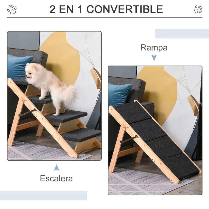 PawHut Escalera de Madera para Perros Plegable 2 en 1 Rampa para Mascotas Portátil con 4 Escalones para Acceso al Sofá y Cama Alta 80x47x64 cm Negro y Natural