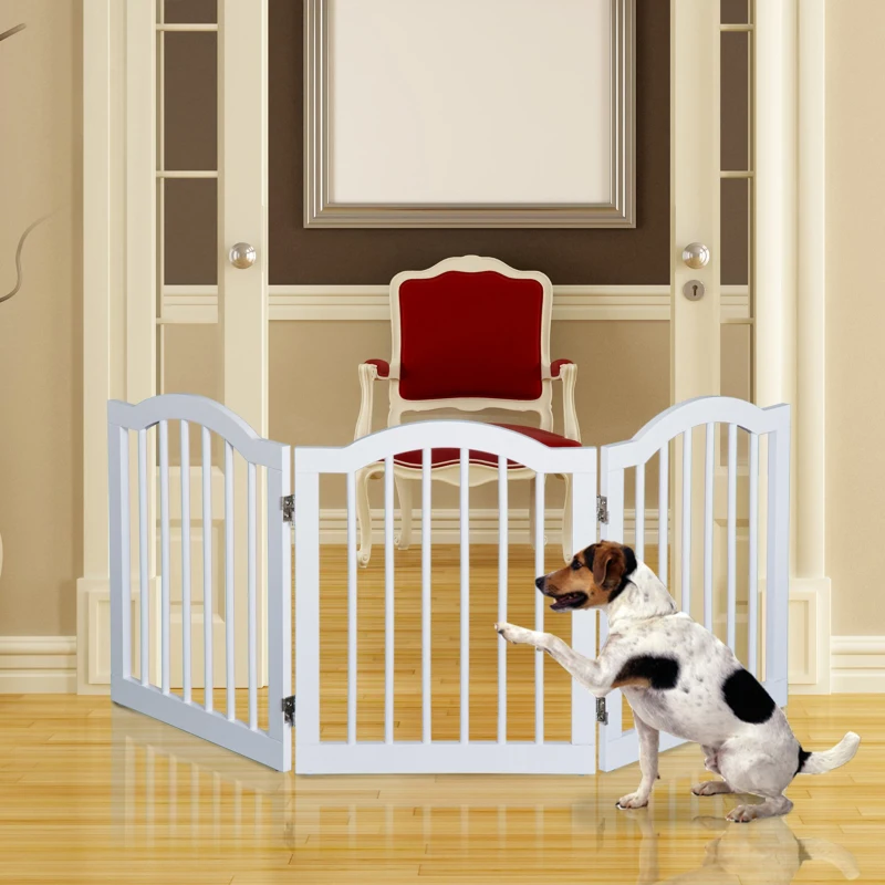 PawHut Barrera de Seguridad Modulable para Mascotas de 3 Paneles Pantalla Barrera de Protección con Sistema Flex de Madera Maciza 154,5x1,8x61 cm Blanco