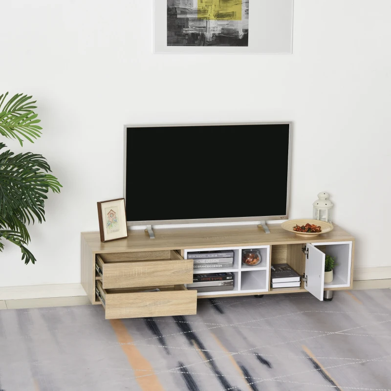 HOMCOM Armario para TV Moderno Soporte de Televisión Estilo Actual con 2 Cajones 4 Estantes 1 Armario con Puerta y 5 Compartimentos Abiertos y Pasacables 150x40x38 cm Blanco y Roble