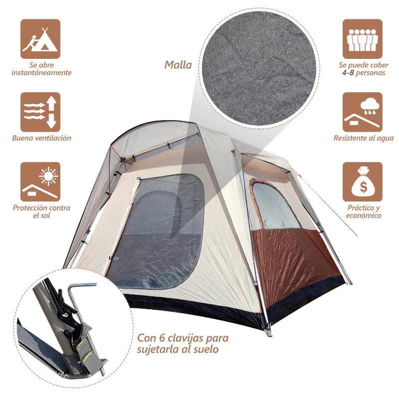 Outsunny Tienda de Campaña Familiar 4-8 Personas Tipo Refugio para Playa Picnic y Camping Pop-Up Instantánea y Portátil con Bolsa de Transporte Ventanas Mosquitera Protección Solar UV 2.6x2.6x2.1m