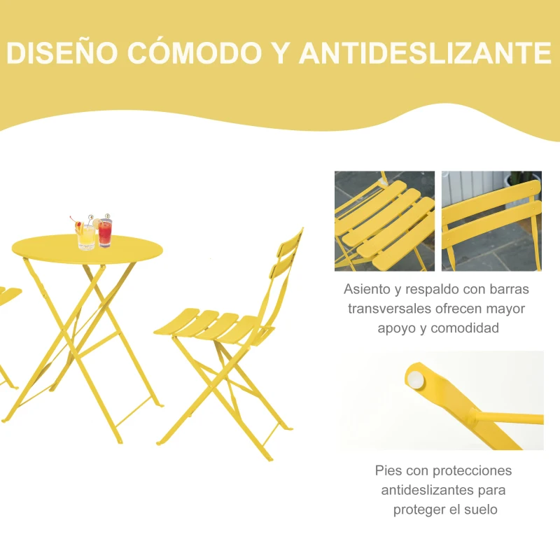 Outsunny Conjunto Muebles Plegables de Jardín de 3 piezas Mesa y 2 Sillas de Metal para Balcón Terraza Exteriores Ø60x71 cm Amarillo