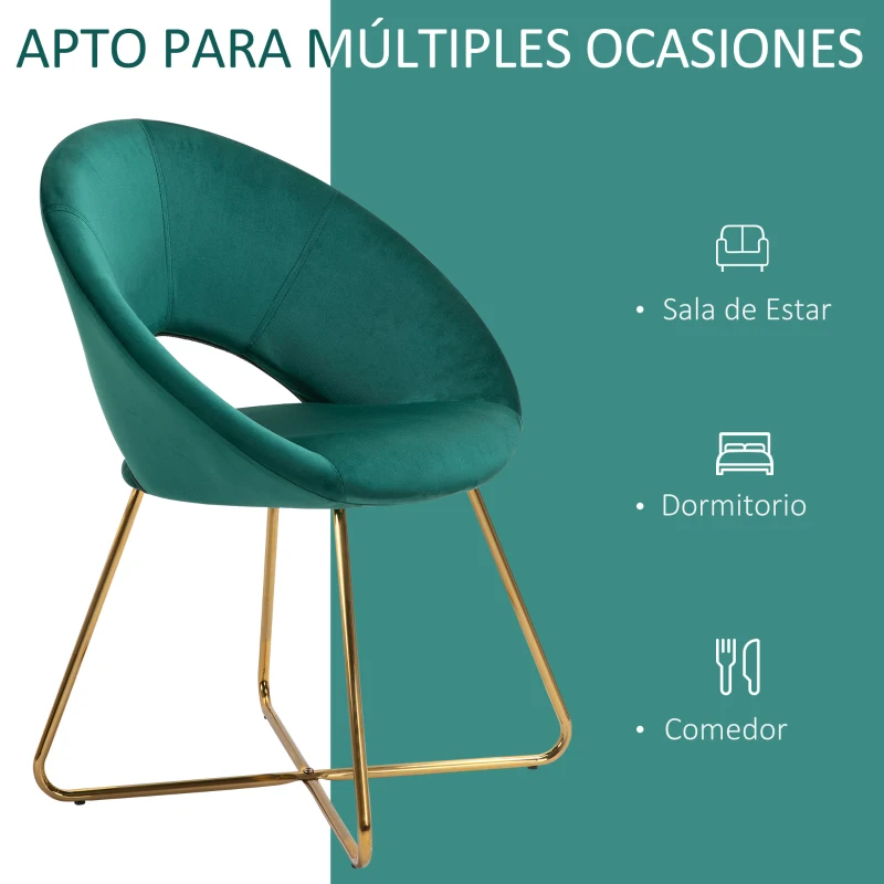 HOMCOM Silla de Comedor Vintage Tapizada de Suave Terciopelo Silla de Ocio para Sala de Estar con Respaldo Curvo y Patas Doradas 68x54x84 cm Verde