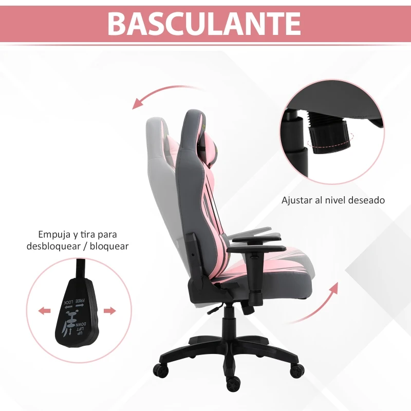 Vinsetto Silla Gaming Silla para Gamers Silla de Oficna Escritorio Ergonómico Reclinable Altura Ajustable con Almohadilla Ruedas Alta Comodidad 71x58x125-133 cm Rosa y Gris