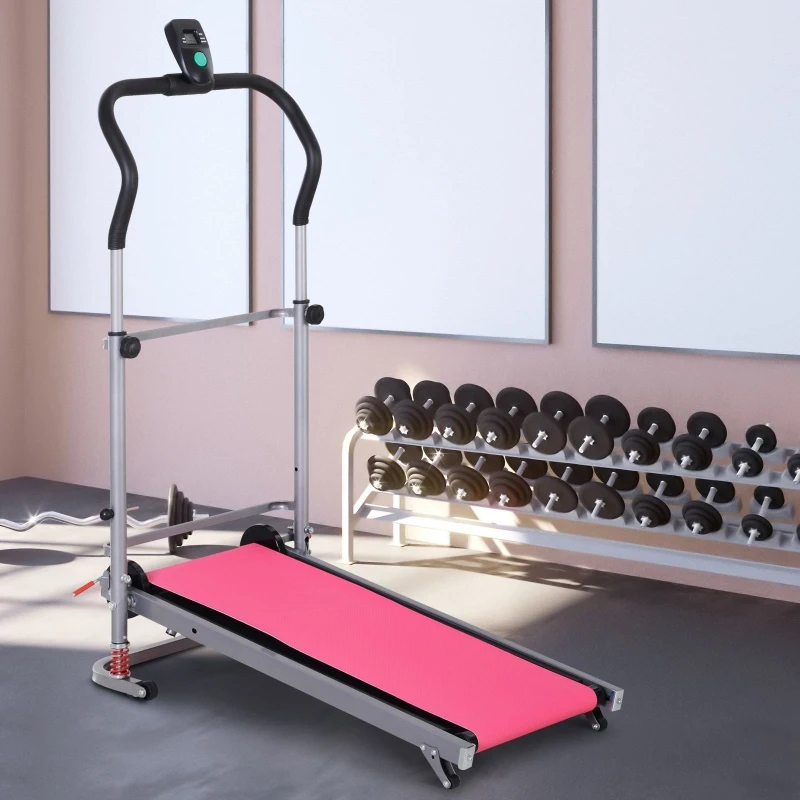 HOMCOM Cinta de Andar Manual Caminadora Plegable Portátil Pantalla LCD 2 Ángulos Reclinables Carga 110kg Altura 112-129cm