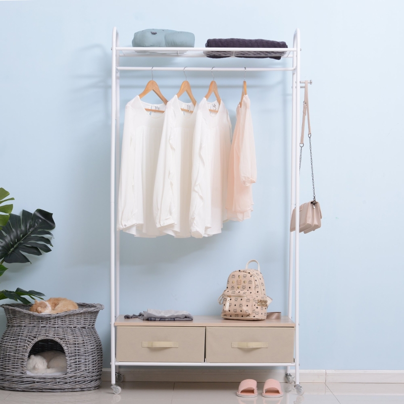 HomCom® Perchero Metálico con Ruedas Colgador para Ropa con Riel Estantes Cajones para Organizar Ropa Bolsos Zapatos