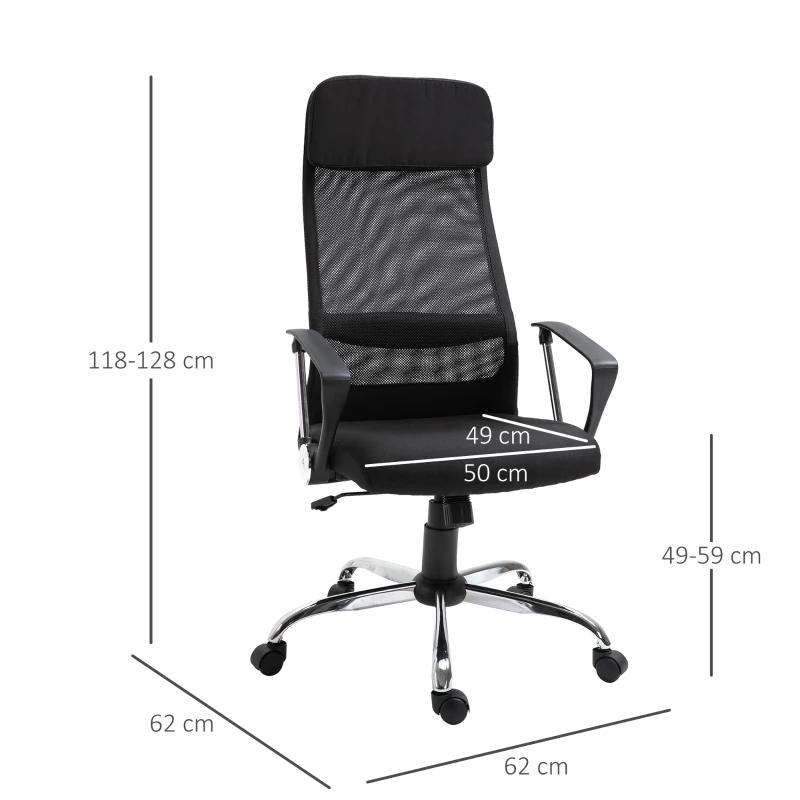 Vinsetto Silla de Oficina Ergonómica Silla de Escritorio Basculante Giratoria con Altura Ajustable del Asiento para Hogar Oficina 62x62x118-128 cm Negro