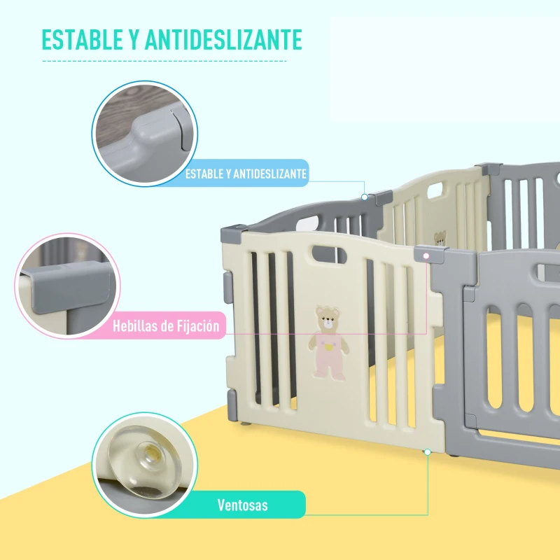 HOMCOM Parque Infantil Bebé Plegable Centro de Actividades de Seguridad Interior y Exterior con 8 Paneles Puerta para Niños de +6 Meses 156x156x63 cm Blanco y Gris