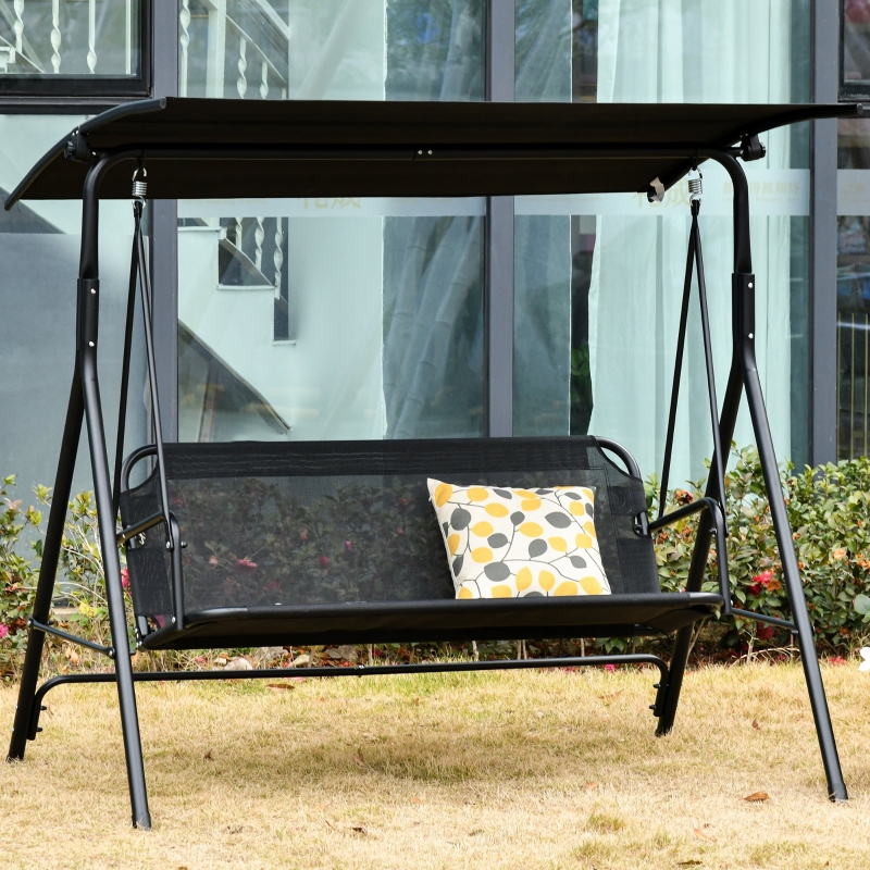 Outsunny Columpio de Jardín de 2 Plazas Silla Balancín con Parasol Techo Ajustable en Ángulo Terraza Balcón Exterior Carga 200 kg 172x110x155 cm Negro