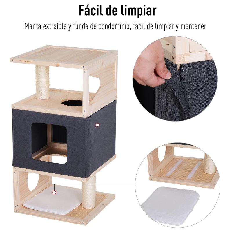 PawHut Árbol para gatos Caseta Mascota Rascador Grande Tablero de Arañar con un Condominio Espacioso con 2 Rascadores con Plataformas 40x40x80cm
