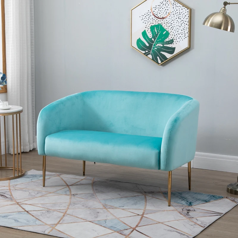 HOMCOM Sofá de 2 Plazas Sofá Doble Moderno con Patas Metálicas Asiento Acolchado Apoyabrazos y Respaldo Curvos para Salón Dormitorio 124x73x76 cm Turquesa Claro