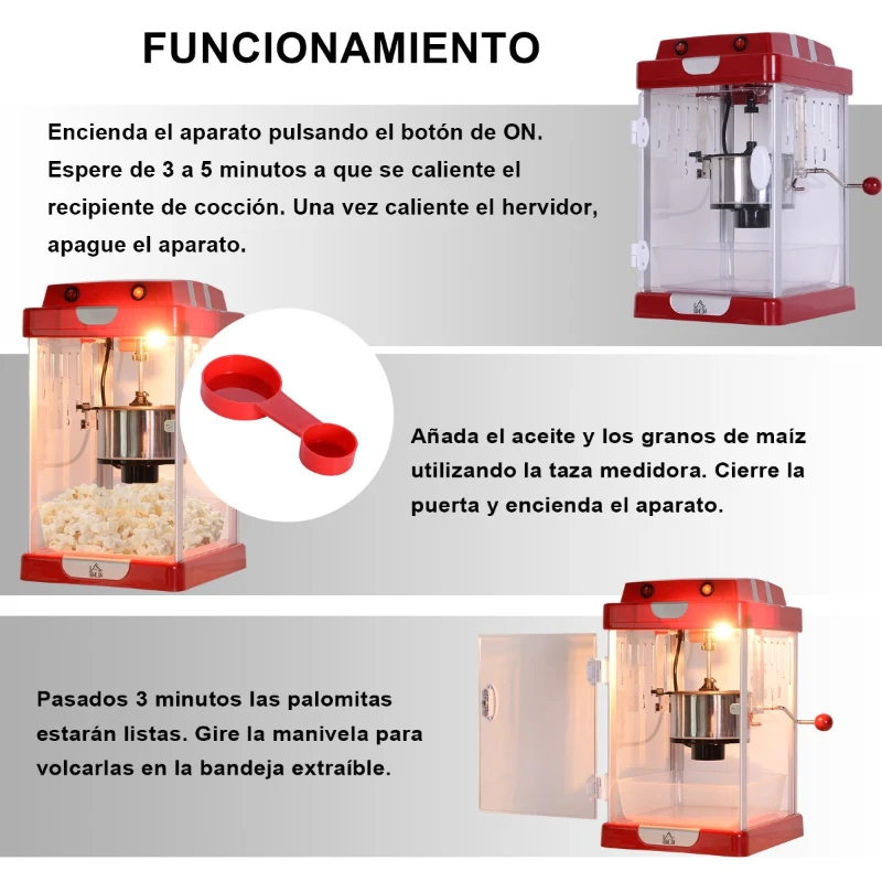 HOMCOM Palomitas Máquina Portátil Palomitero de Maíz con Olla Interior de Acero Inoxidable 310w 24.5x28x43cm