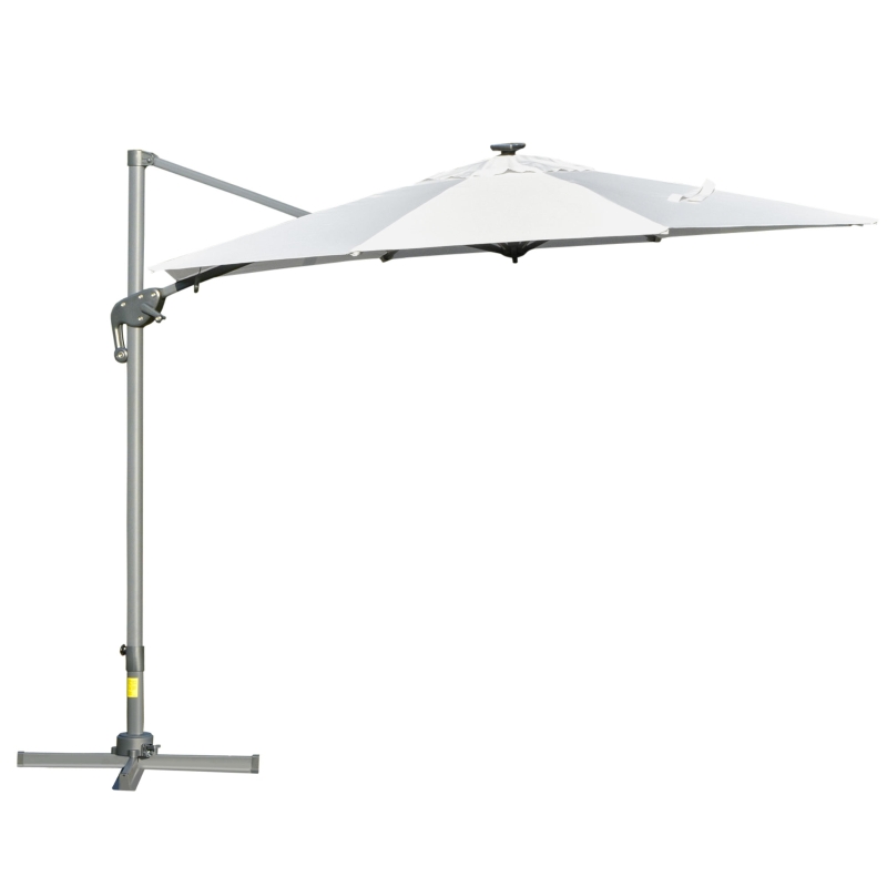 Outsunny Sombrilla de 300 cm de Aluminio Luces LED Protección UV 50+ Giratorio 360° con Manivela Panel Solar Techo Reclinable Base Cruzada Blanco