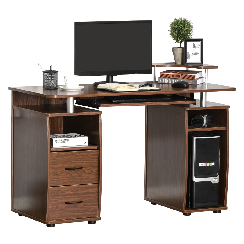 HOMCOM Mesa de Ordenador PC Mesa Escritorio con Múltiples Estantes Bandeja de Teclado Soporte CPU y 2 Cajones para Oficina 120x55x85 cm Marrón