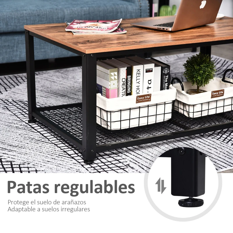 HOMCOM Mesa de Centro con Estante de Malla para Sala Dormitorio Estilo Industrial Retro Acero y Madera Carga 40 kg 106x60x45cm Marrón y Negro