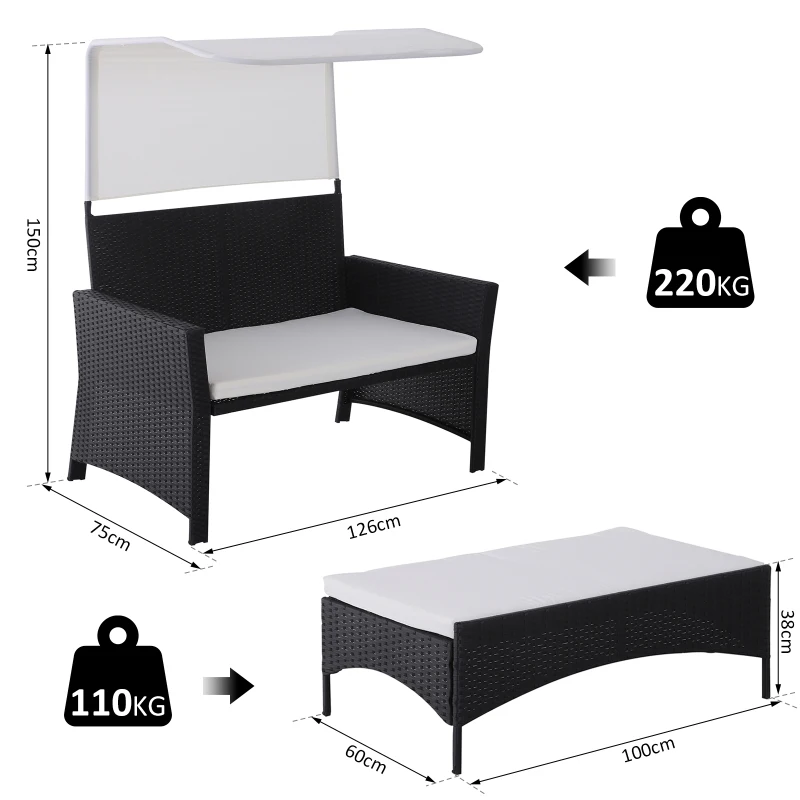 Sofá de Ratán Dos Plazas Sillón Mueble para Jardín Terraza con Reposapiés Extraíble Toldo Cojín Desmontable 126x75x150cm Negro