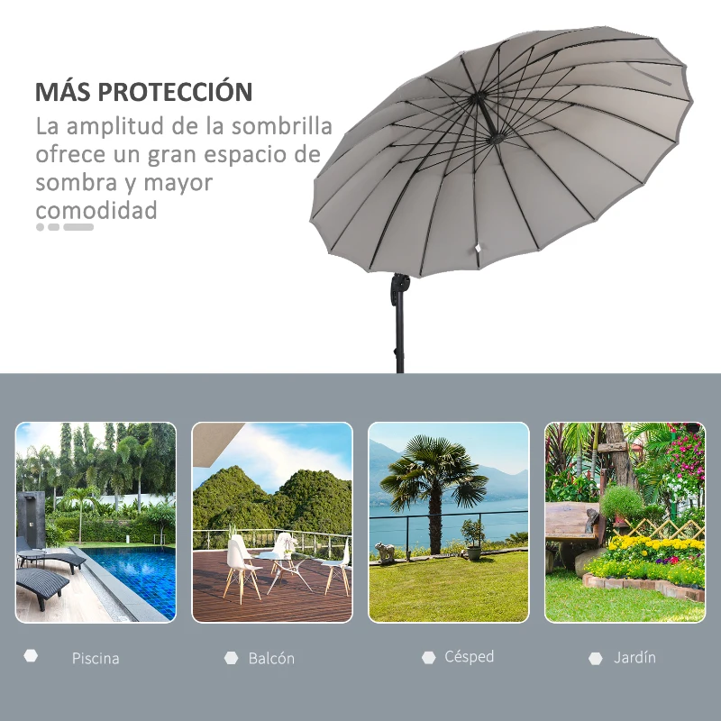 Outsunny Parasol Sombrilla de Jardín Ø300 cm de Diámetro con Manivela y Poste Giratorio 360° Techo Inclinable en 6 Posiciones Base Cruzada Incluida Gris