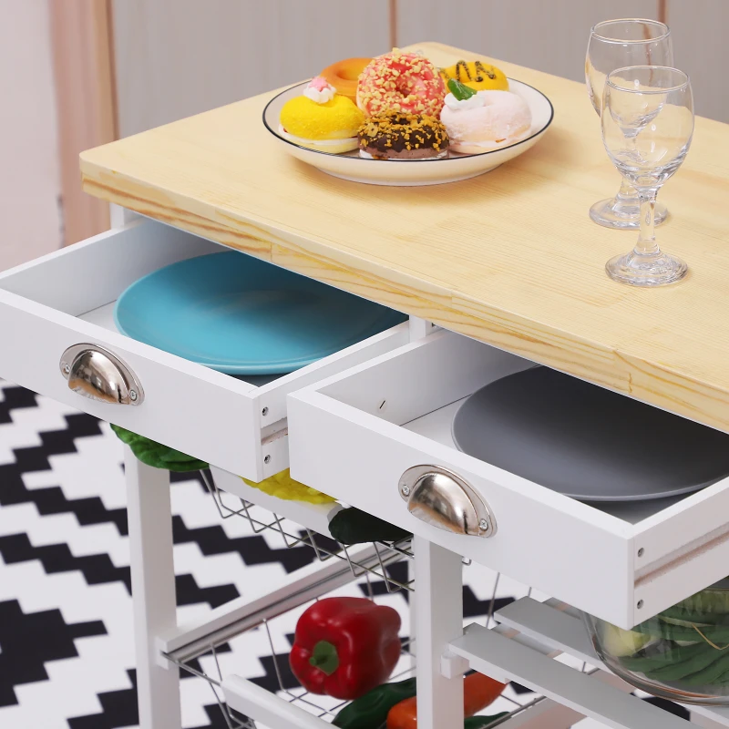 HOMCOM Carrito Auxiliar con Ruedas Carrito Verdulero Carro de Cocina con 2 Cajones 2 Cestas y 2 Estantes 74x37x76 cm Blanco