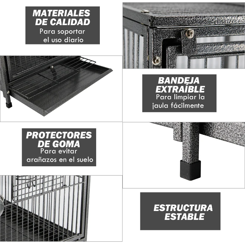 PawHut Jaula para Pájaros Portátil Jaula para Agapornis con 2 Perchas de Madera 2 Comederos de Acero Inoxidable y Bandeja Extraíble para Periquitos Canarios 45,7x35,5x45 cm Negro