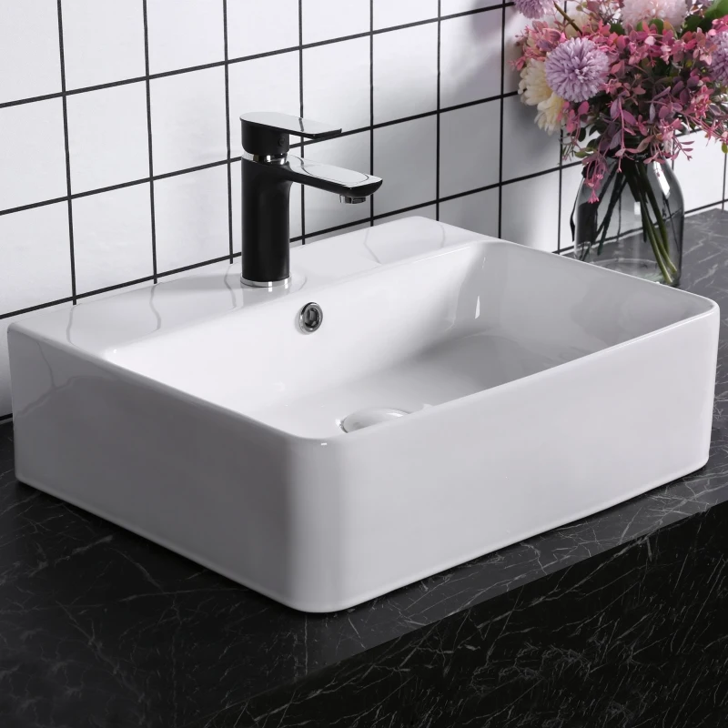 kleankin Lavabo Rectangular Lavamanos para Baño Sobre Encimera de Cerámica de Alta Temperatura con Diseño Nórdico 52x42x15,5 cm Blanco