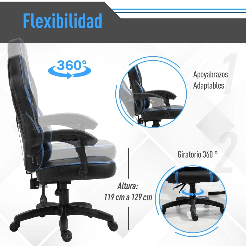Vinsetto Silla de Oficina Ergonómica Ajustable en Altura Reclinable hasta 135° Silla Gaming Racing con Respaldo Alto Reposabrazos Regulable Asiento Acolchado 64x69x119-129 cm Azul