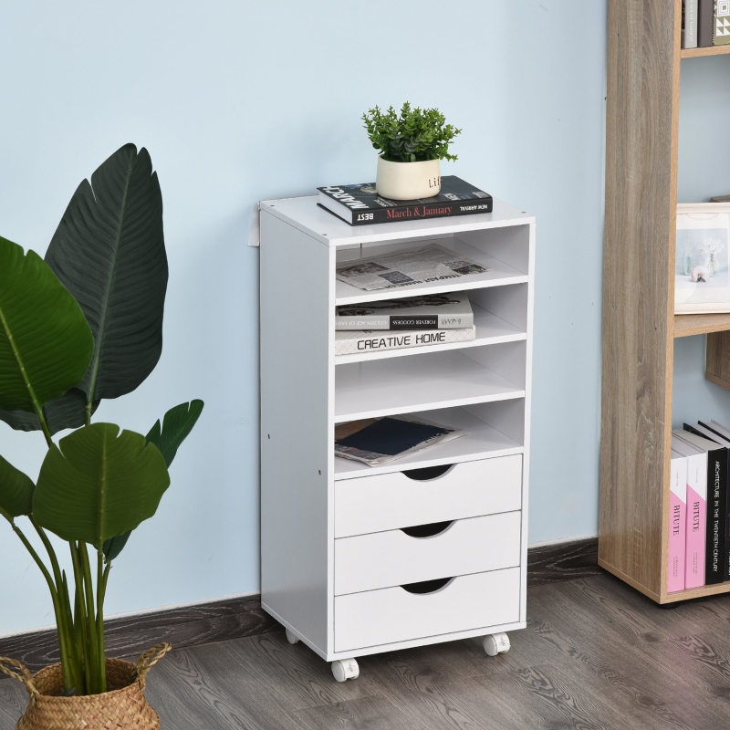 Vinsetto Mueble Auxiliar para Oficina Estudio Gran Espacio de Almacenaje con 3 Cajones 4 Estantes Abiertos 4 Ruedas 40x30x83 cm Blanco