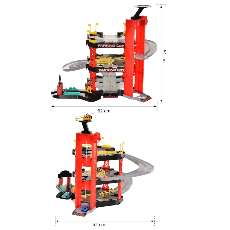 HOMCOM Juego de Garaje Infantil Parking para Niños de +3 Años con 55 Accesorios Incluidos 4 Coches 1 Helicóptero Elevador Funcional 62x52x51 cm Rojo Negro