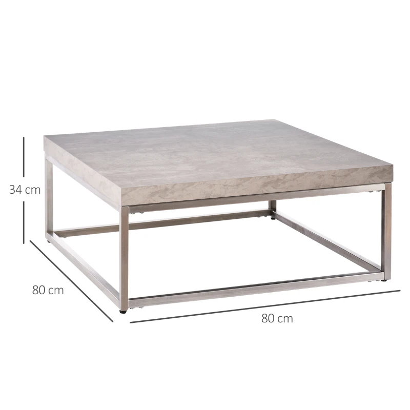 HOMCOM Mesa de Centro Cuadrada Mesa Auxiliar Multifuncional con Marco de Acero Inoxidable Estilo Moderno para Salón Sofá 80x80x34 cm Gris Cemento