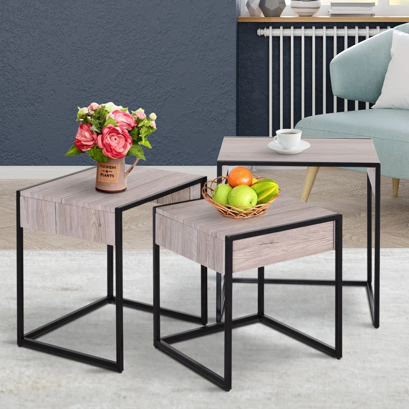 HOMCOM Mesa de Centro 3 Mesitas de Café Minimalista Patas de Acero con Funda de Plástico Mesa Nido para Salón 50x38x55 45x38x50 40x38x45 cm