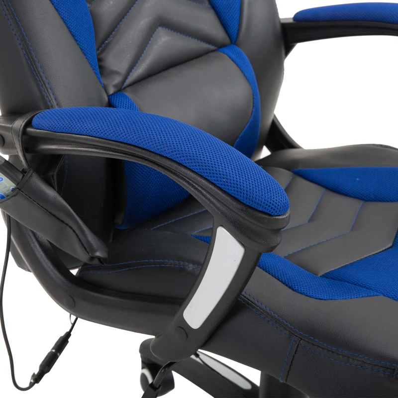 HomCom® Silla de Oficina Gaming con 6 Puntos de Masaje y Calefacción 2 Almohadas con Mando a Distancia 68x69x108-117cm Negro y Azul