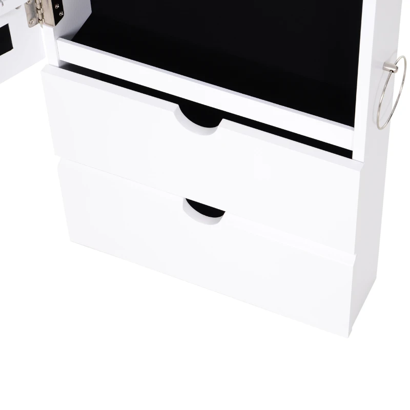 HOMCOM Espejo Joyero Colgante de Pared o Puerta Armario de Joyería con Altura Ajustable 2 Estantes Cerrados con Puertas Abatibles y Organizador de Joyas 35,5x9,5x102 cm Blanco