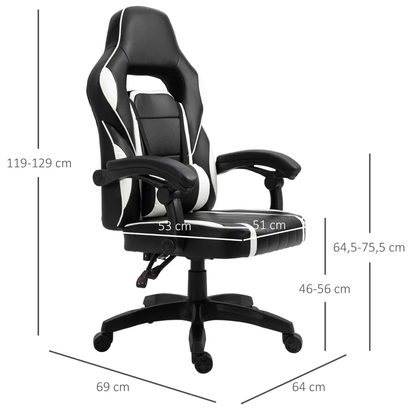 Vinsetto Silla de Oficina Ergonómica Ajustable en Altura Reclinable hasta 135° Silla Gaming Racing con Respaldo Alto Reposabrazos Regulable Asiento Acolchado 64x69x119-129 cm Blanco