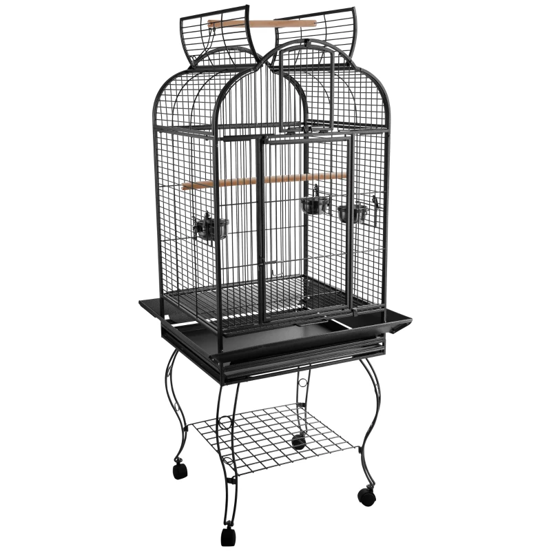PawHut Jaula de Pájaros Pajarera Metálica para Aves con 2 Puertas Perchas y Rejilla Deslizable Bandeja Extraíble 4 Ruedas 75x69x159 cm Gris Oscuro