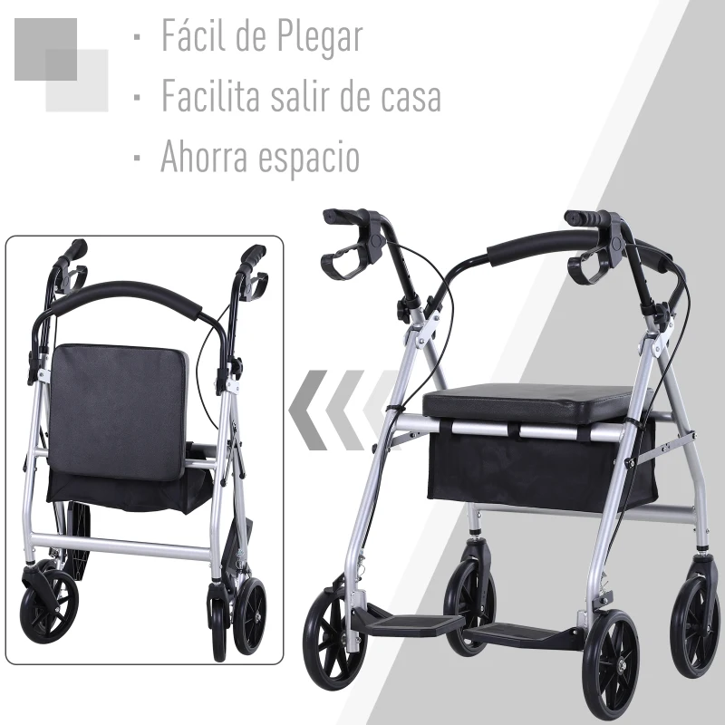 HOMCOM Andador para Adultos Plegable con Asiento Frenos Reposapiés y Bolsa de Almacenaje 75.5x58x84-99 cm Gris y Negro