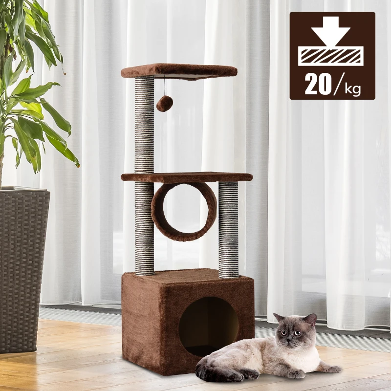 PawHut Árbol para gatos Rascador Grande con Plataformas Casetas Bolas de Juego 35x35x104cm tablero de partículas Cubierto de Felpa Beige