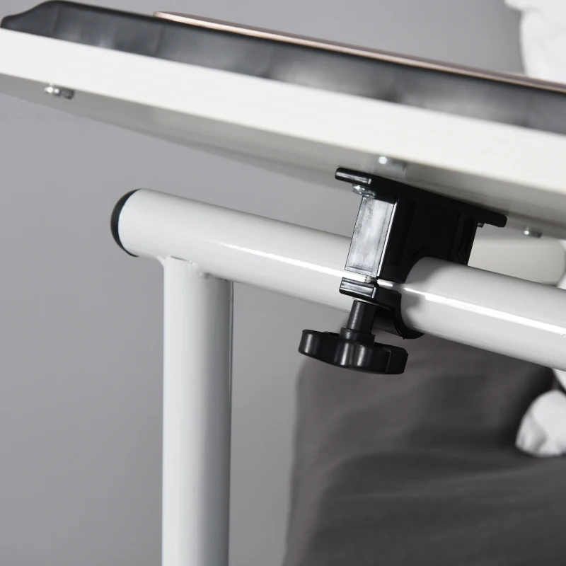 HOMCOM Mesa de Sofá para Salón Dormitorio Mesita de Noche Multifuncional 2 Cajones Compartimento Revistero Lateral Tabla Giratoria con 4 Ruedas 60x40x80-90 cm Blanco