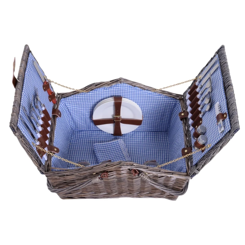 Outsunny Cesta de Picnic Canasta de Vajilla Mimbre para 4 Personas Doble Capa Incluye Accesorios 46x32x27cm