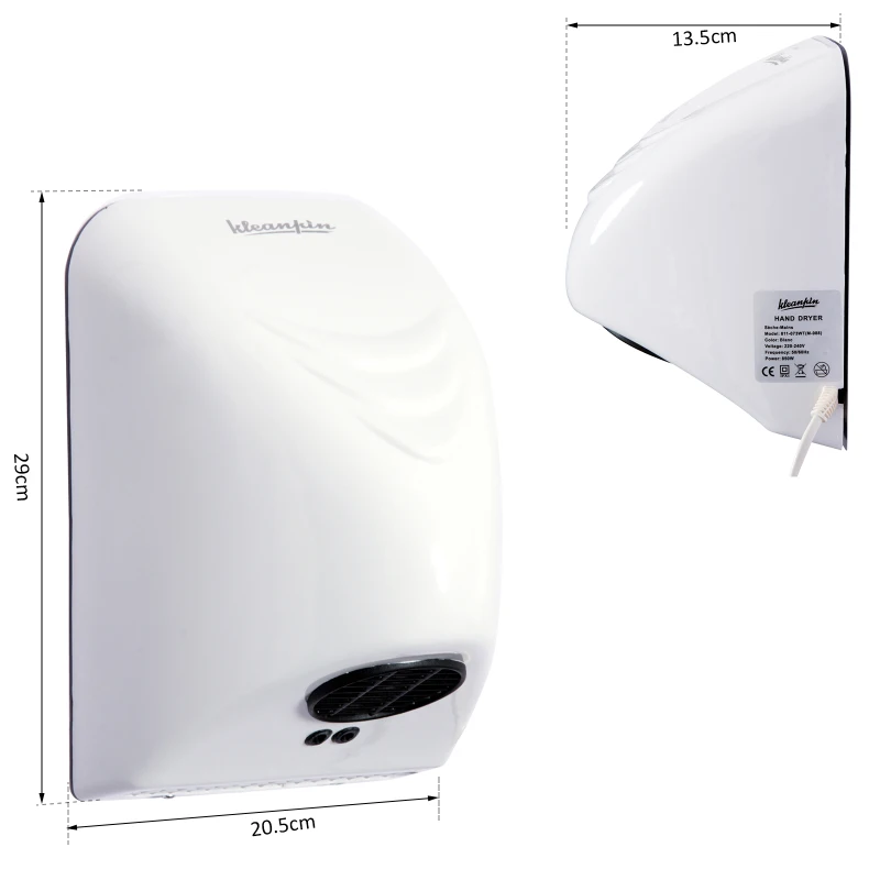 kleankin Secador de Manos Electrónico Automático con Sensor Montaje en Pared 850W Contra Sobrecalentamiento Aire Caliente 20.5x13.5x29cm