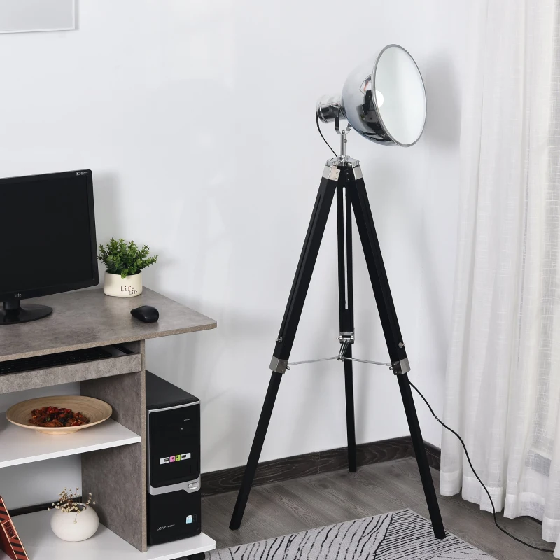 HOMCOM Lámpara de Pie Trípode Lámpara de Suelo Industrial y Retro con Altura Ajustable Interruptor de Pedal Pies Antideslizantes 65x65x100-140 cm Negro