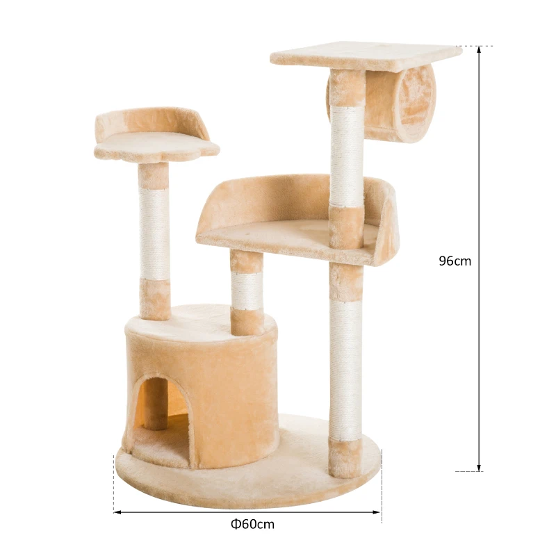 PawHut Rascador Árbol para gatos con Plataforma Caseta Tubo de Juego Postes rascadores Centro de Juego 60x60x96cm Tablero de Madera y Cubierto de Felpa Beige