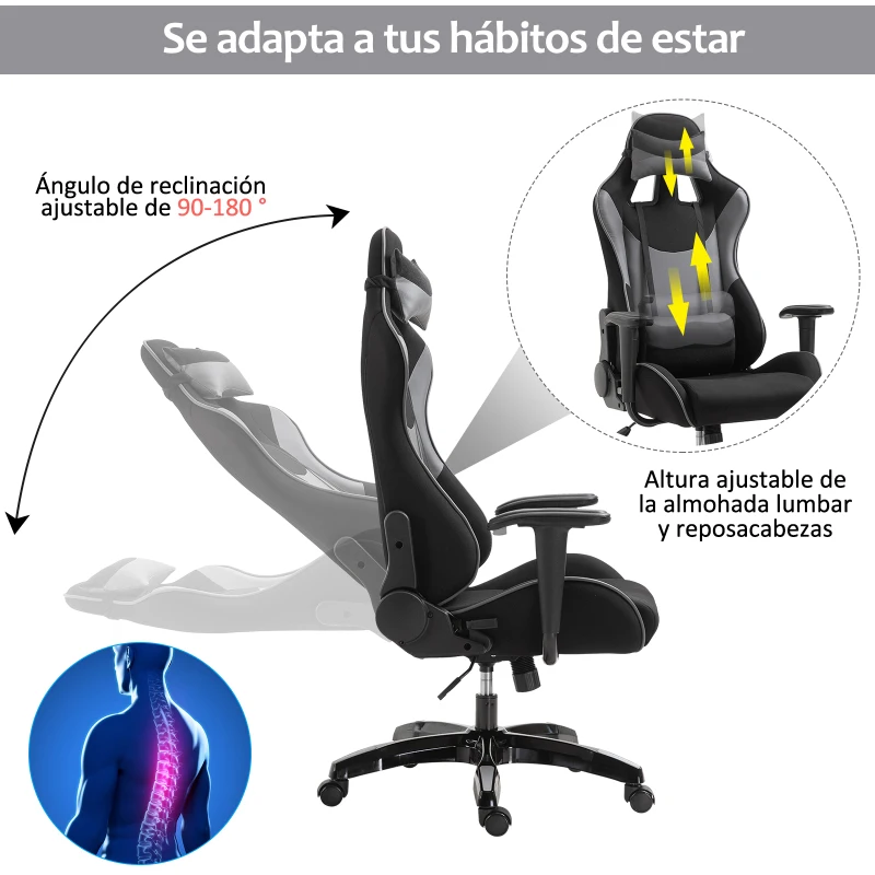 Vinsetto Silla Gaming de Ordenador Silla Gamer Profesional Ergonómica de Oficina Reclinable Altura Inclinación Ajustable 64x70x120-127cm Gris PU