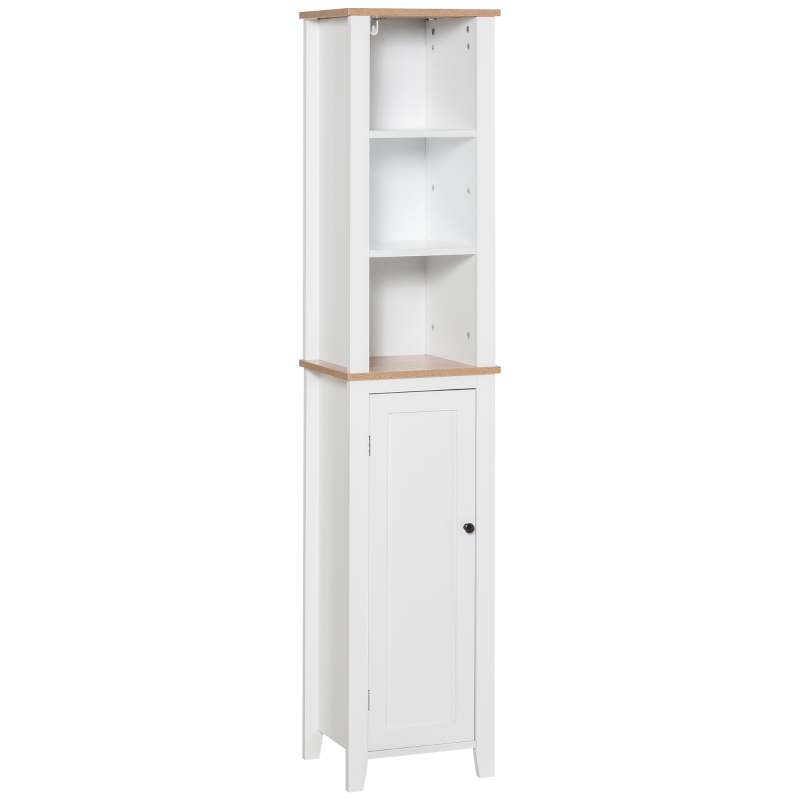 Kleankin Armario Alto para Baño Mueble Columna de Baño con 3 Estantes Abiertos y Armario de Puerta Balda Ajustable Interior Carga Máx. 40kg 35x30x170 cm Blanco