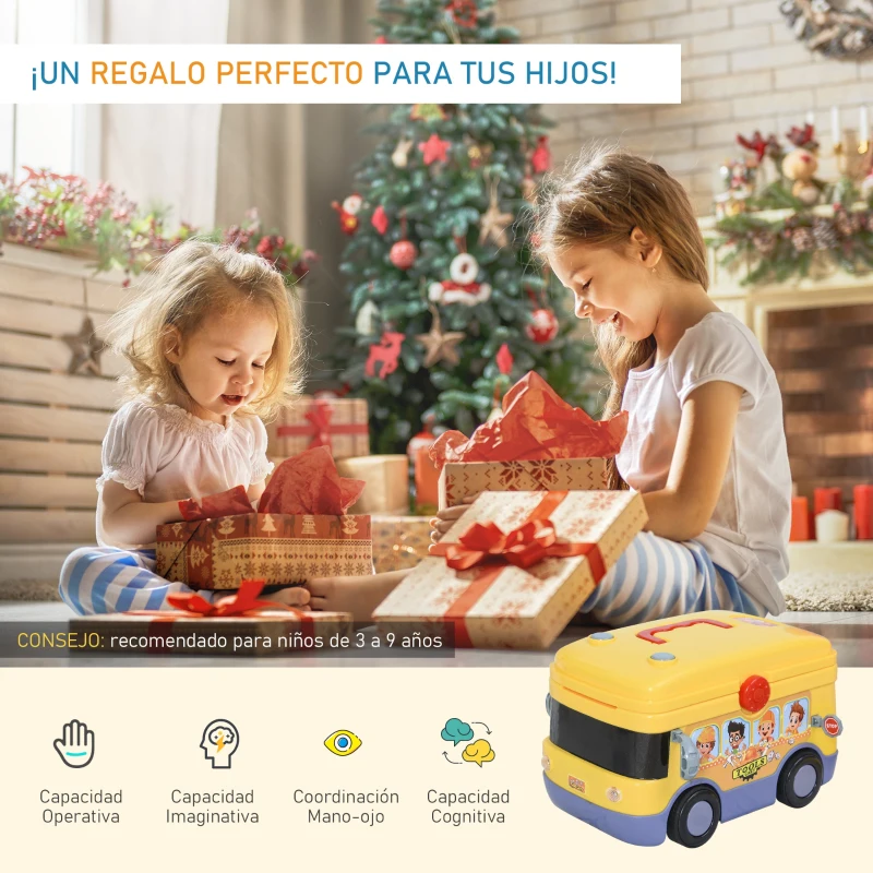 HOMCOM Maletín de Herramientas de Autobús para Niños de +3 Años Juego de Trabajo Diseño 3 en 1 con Control Remoto Efectos de Luz 40,2x22,8x28,8 cm
