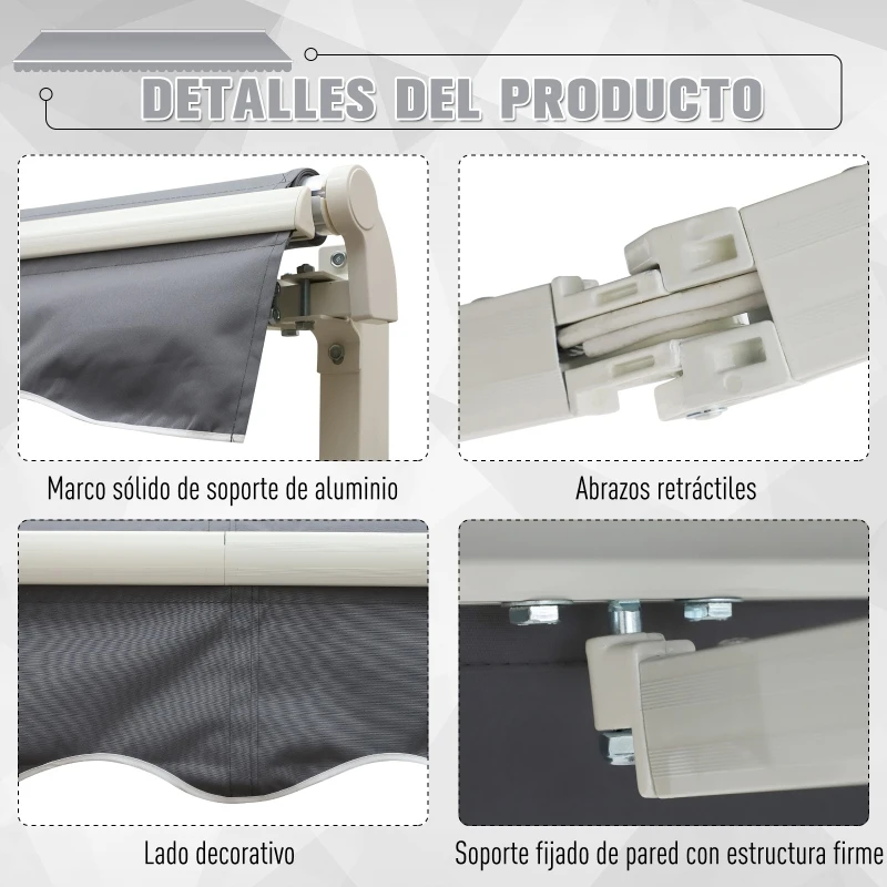 Outsunny Toldo Terraza 2,95x2,45m Balcón Patio Toldo Manual Plegable de Aluminio con Manivela Impermeable Protección Solar UV para Jardín Exterior Aluminio Acero Tela de Poliéster Color Gris