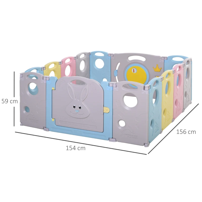 HOMCOM Parque Infantil Bebé de 14 Paneles Corralito Plegable con Puerta y juegos para Niños de +6 Meses Interior y Exterior 156x154x59 cm Multicolor