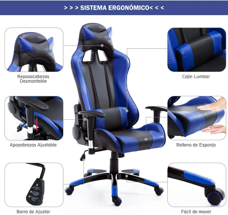 HOMCOM Silla de Oficina Silla Ergonómico Reclinable y Basculante Altura Ajustable Giratorio con Ruedas Reposacabezas y Soporte Lumbar Carga 120 kg 67x67x123-132 cm Azul